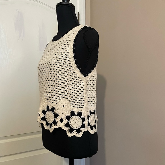 RD Style Cotton Blend Open Stitch Crochet Floral Sweater Cream Black Size XS - Picture 3 of 12